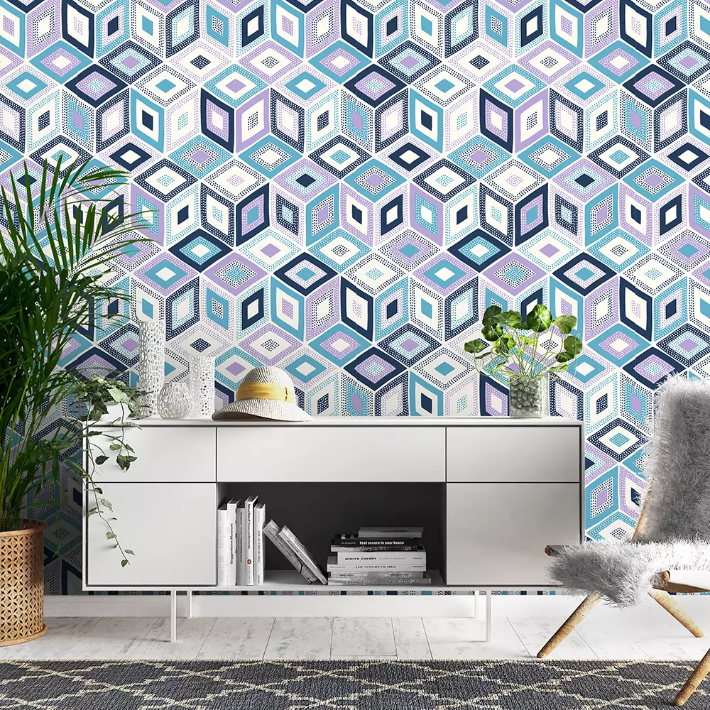 Seamless doodle dots geometric square pattern in soft colours. Ideal for smaller rooms. Gives little depth on the walls